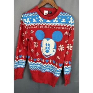 Disney Mickey Mouse Christmas Sweater Mens Small Red Blue Snowflake Ugly Holiday